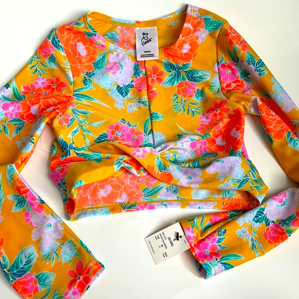NWT Art Class Size Small Multicolor Floral Long Sleeve Cropped Swim Top